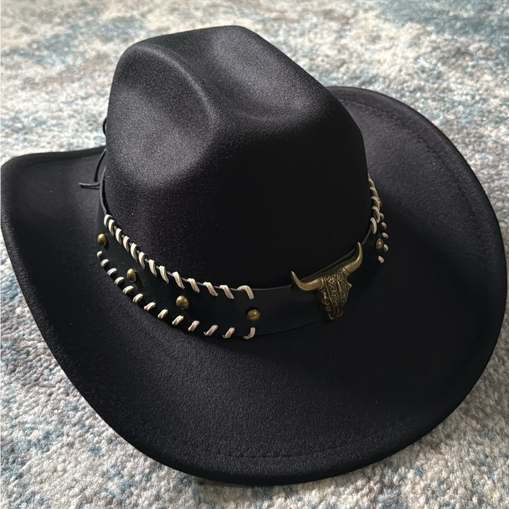Black Western Cowboy Hat with Bull Headband - Picture 7 of 9